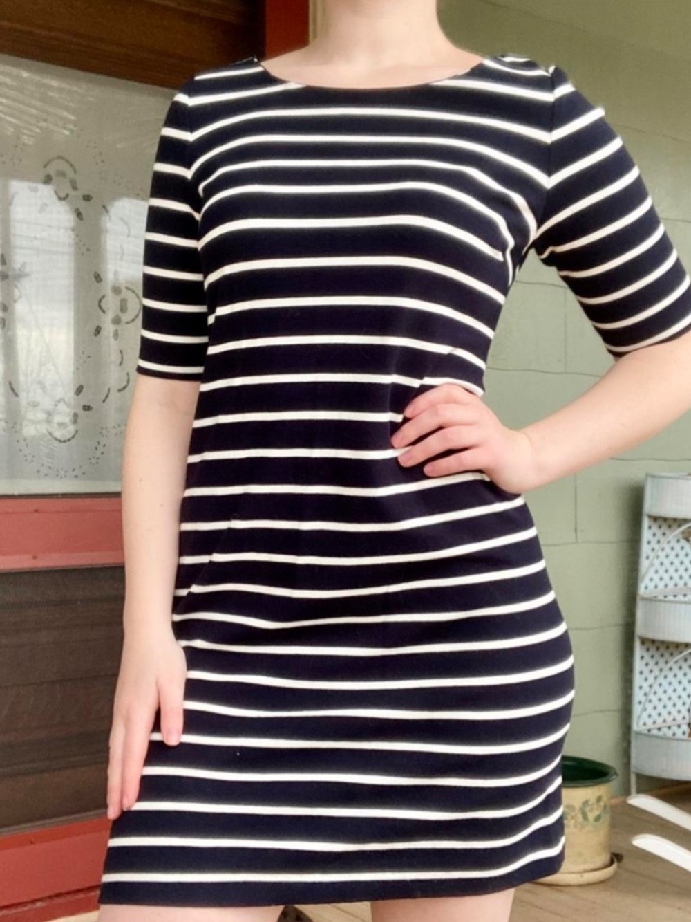Banana Republic Navy and White Boatneck Striped Shift‎ Dress
